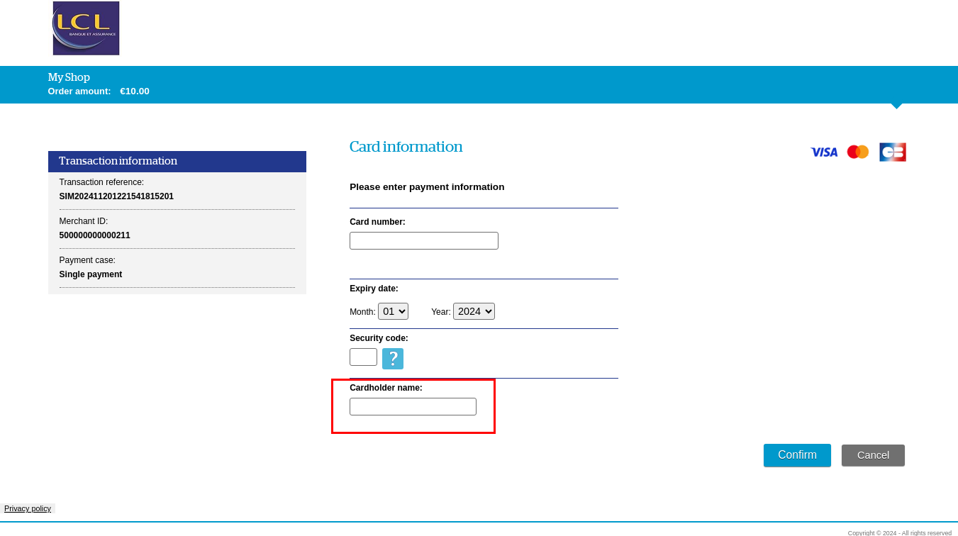 Card data entry page with cardholder field  