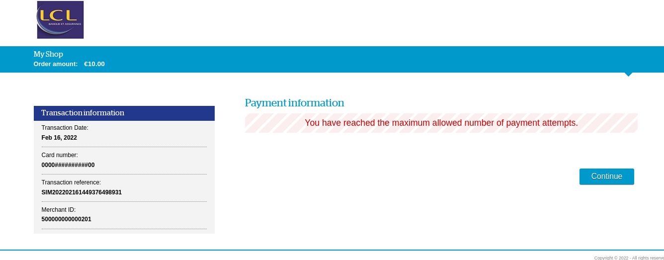 screenshot with the message: you have reached the maximum number of authorized payment attempts