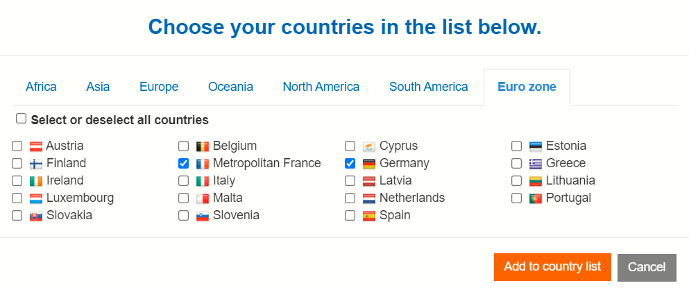 image of the popup allowing to select one or several countries in a list