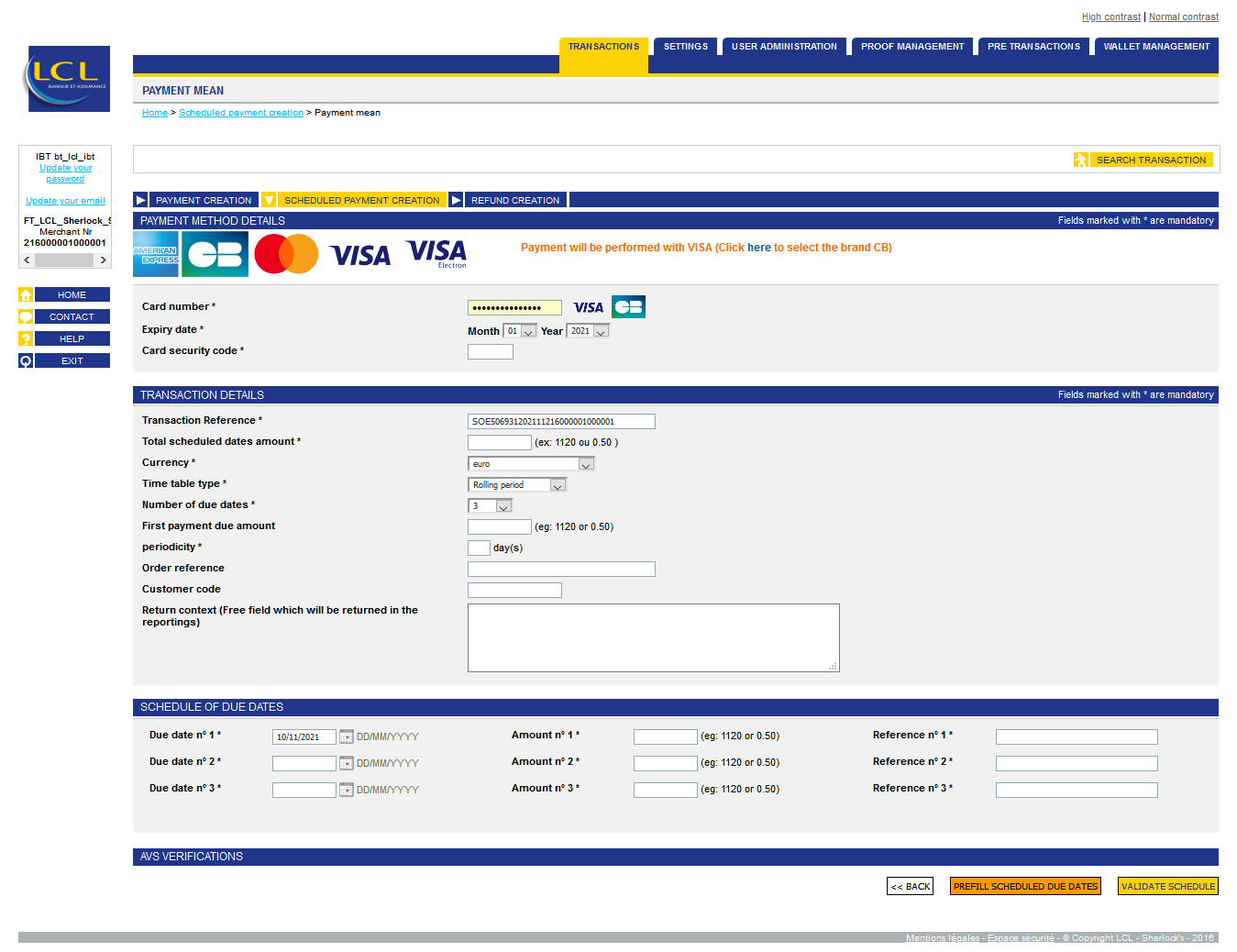 Scheduled payment creation page