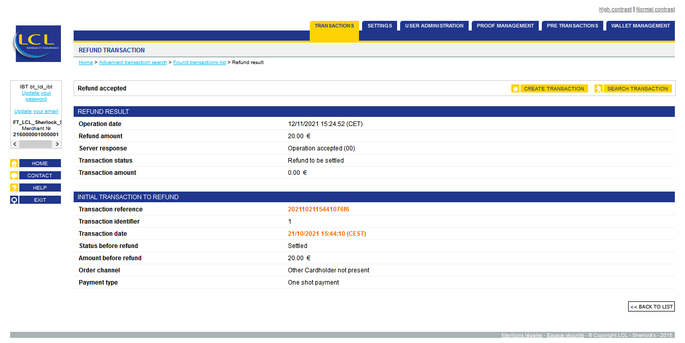 refund result and original transaction information