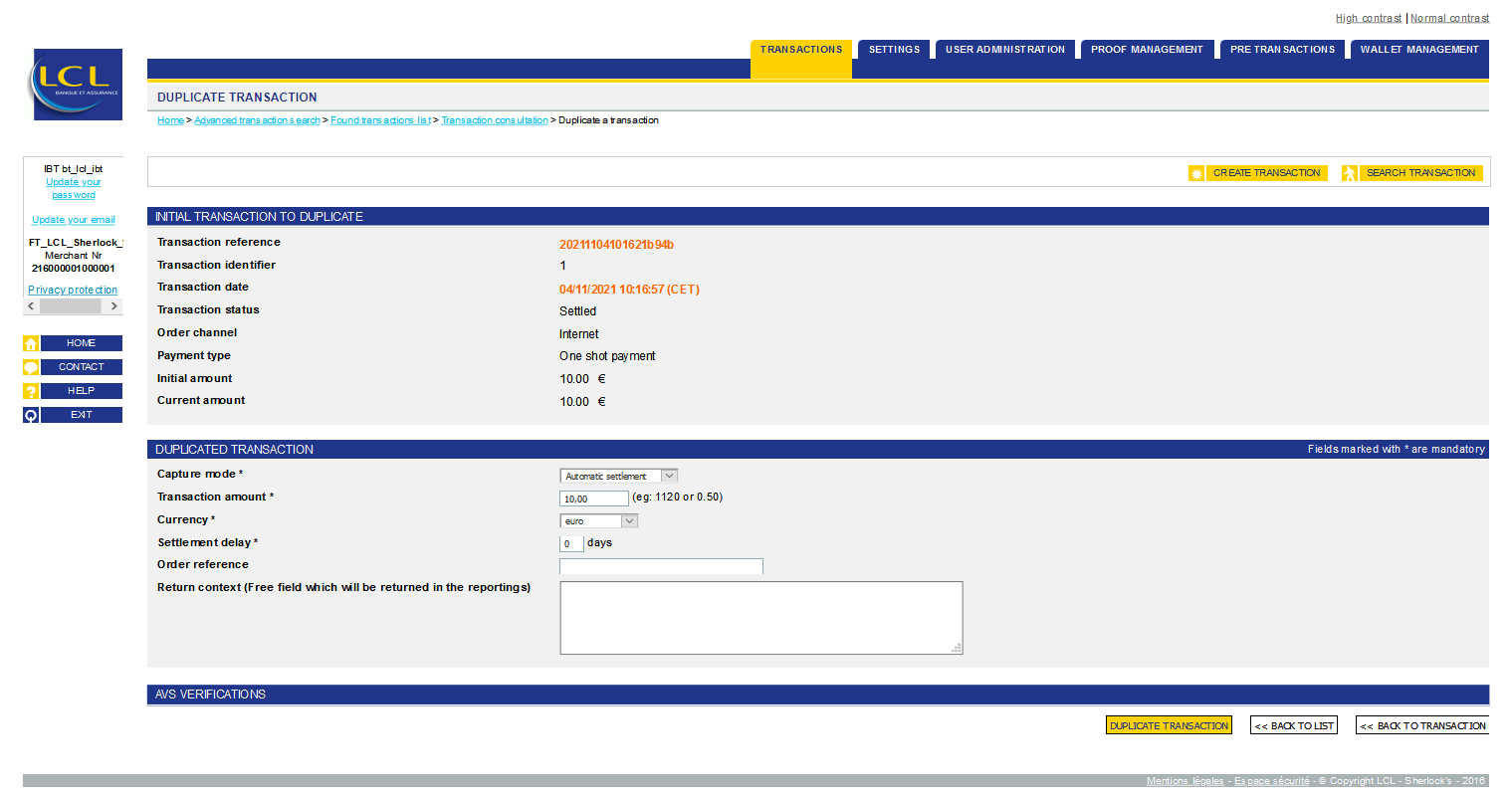 page summarizing the transaction to duplicate and the fields to fill in for the duplicate transaction