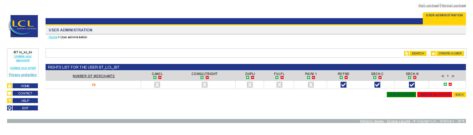 list of user rights with their status