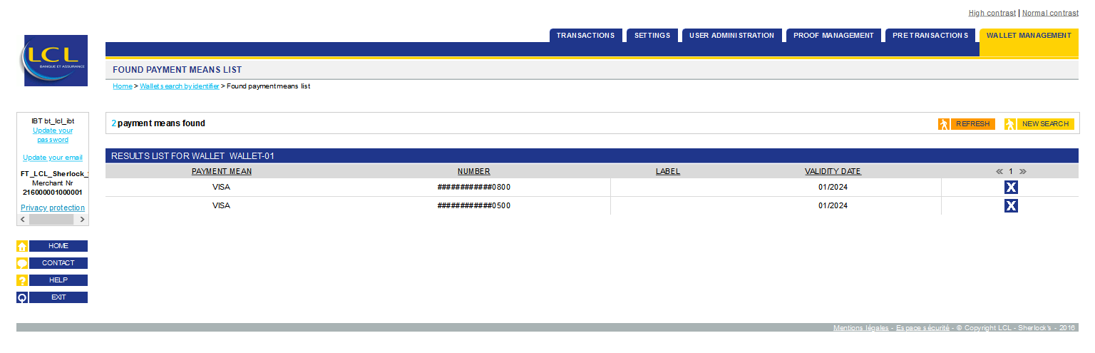 four columns: payment mean, number, label and validity date