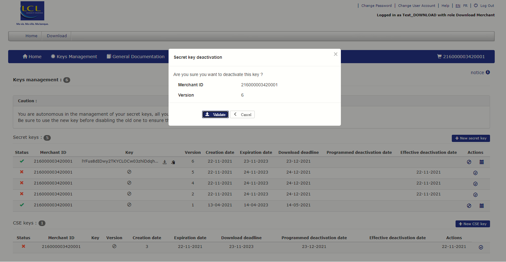 Image showing the key deactivation window