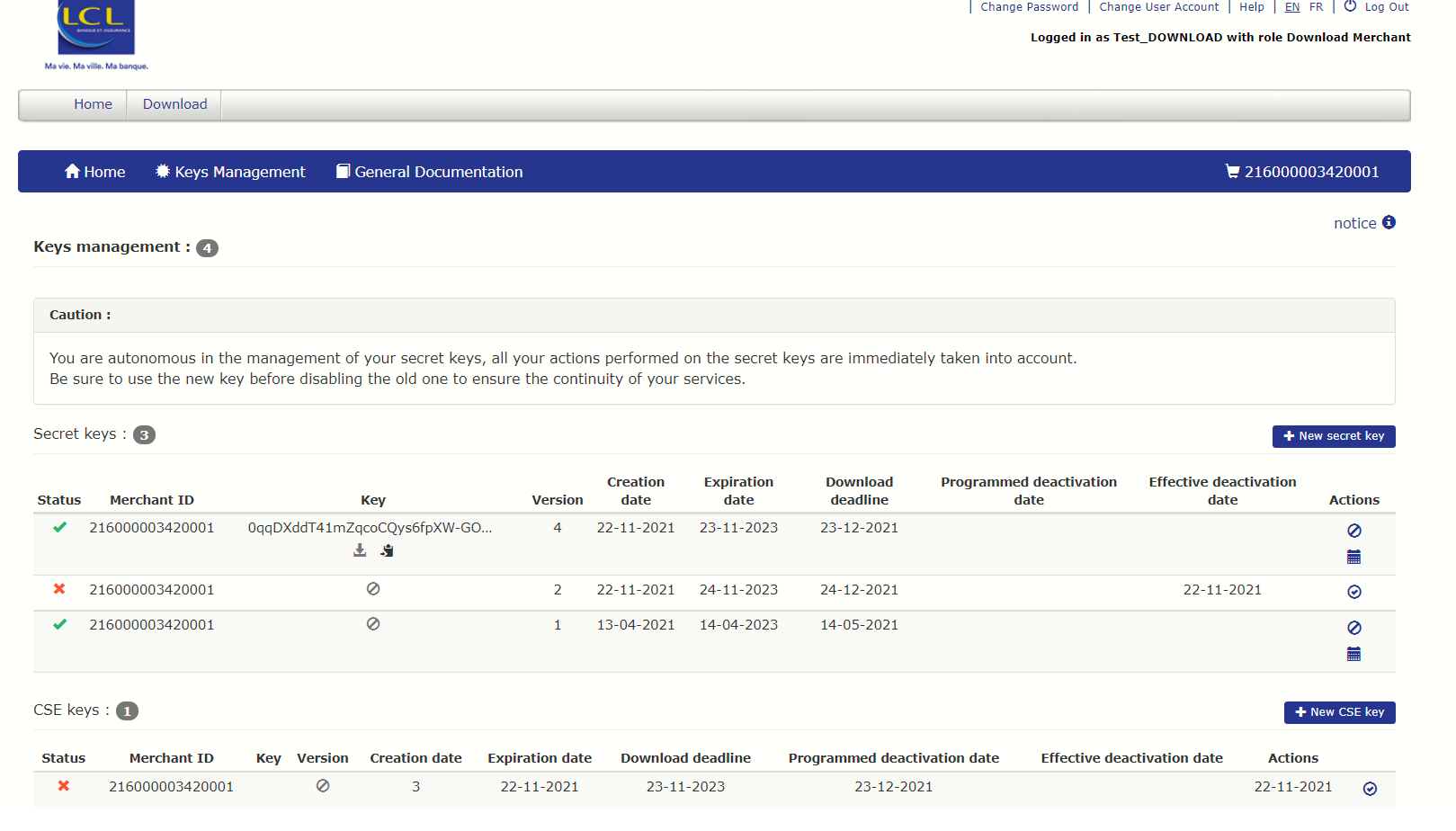 image showing key management page