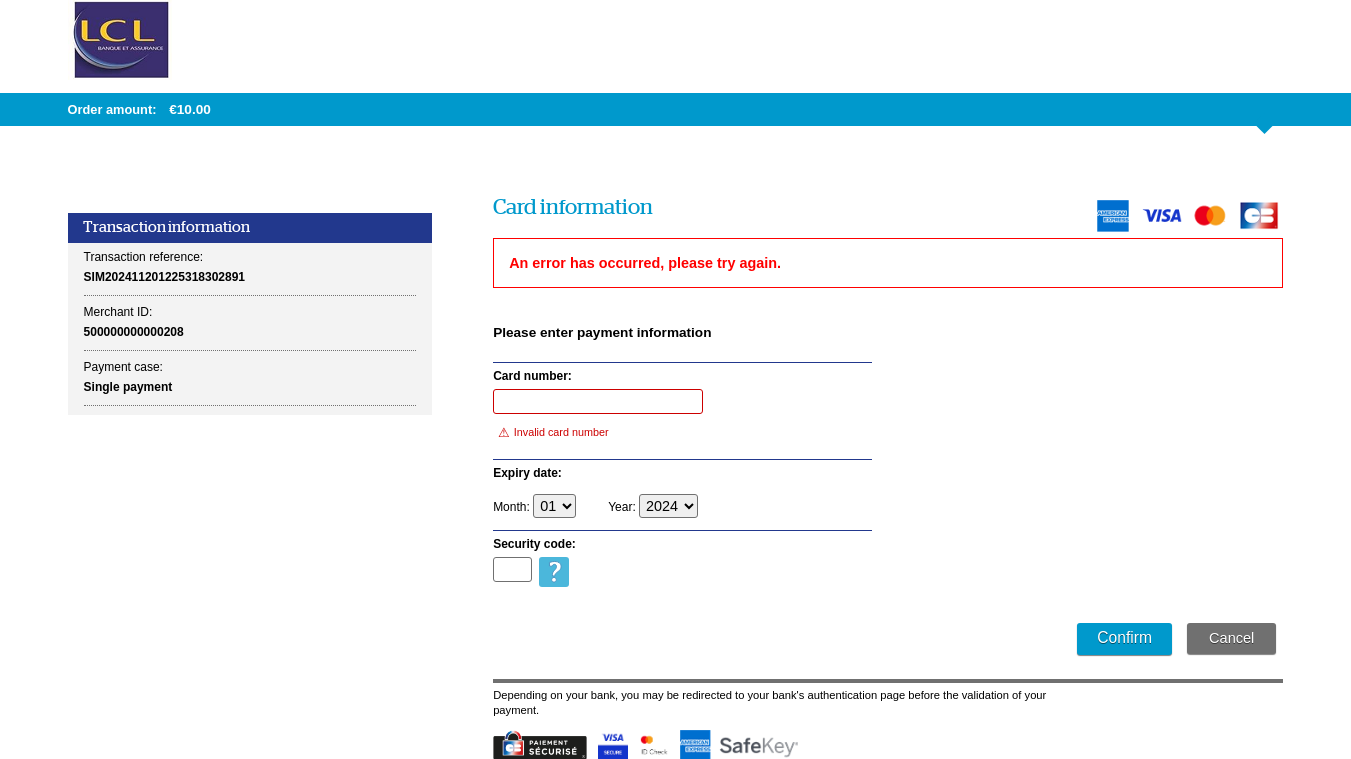 Card data entry page with red boxed error message 