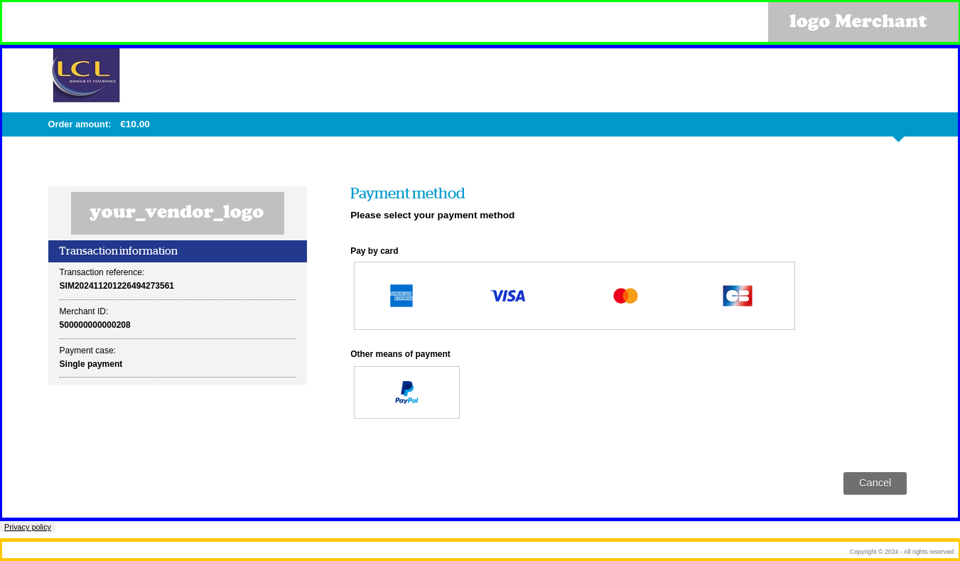 Capture of the payment page with the locations of each logo 