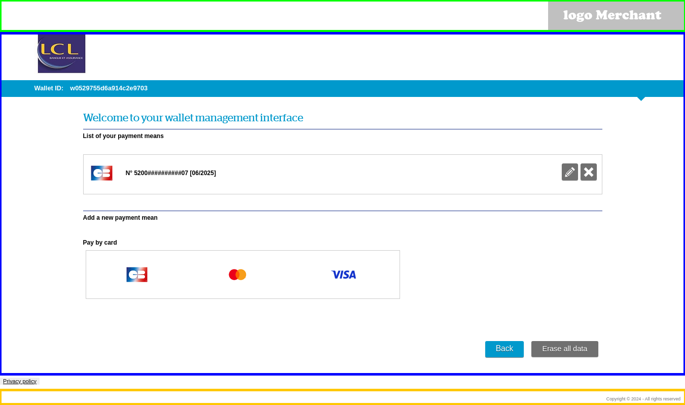 Capture of the wallet management page with the locations of each logo 