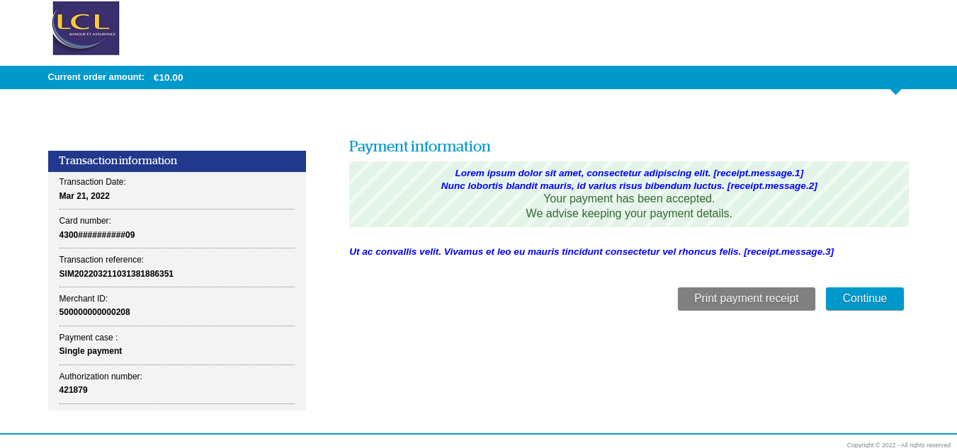 Payment confirmation page with customizable message location 