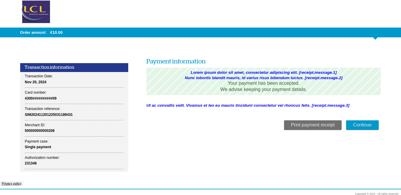 Payment confirmation page with customizable message location 