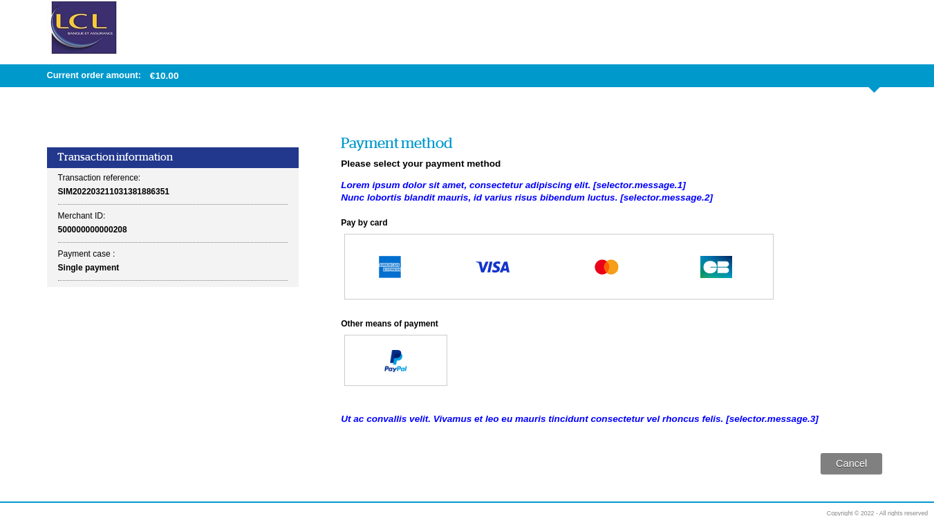 Payment method selection page showing the location of customizable messages 