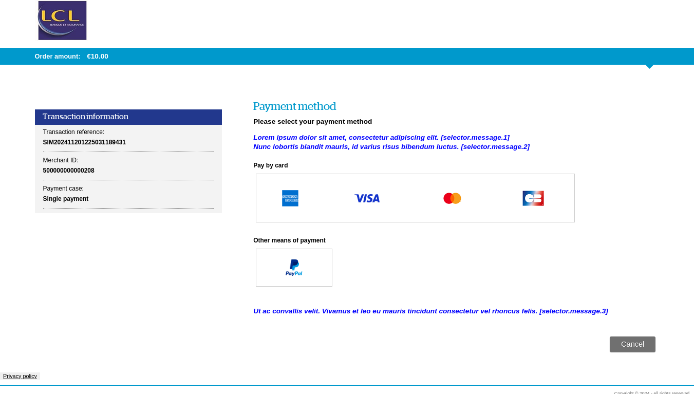 Payment method selection page showing the location of customizable messages 