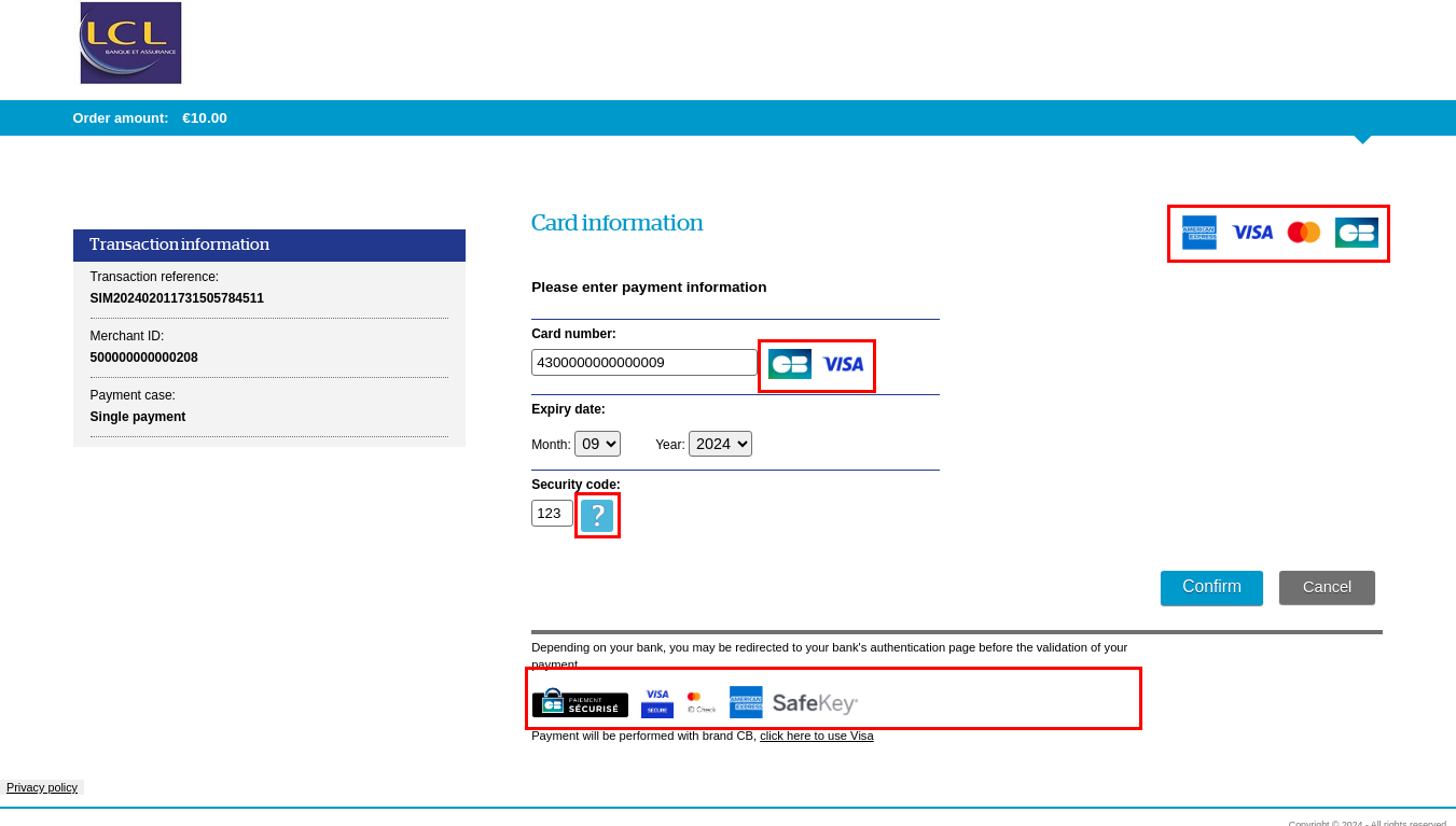 Capture of the card data entry page showing the unmodified images 