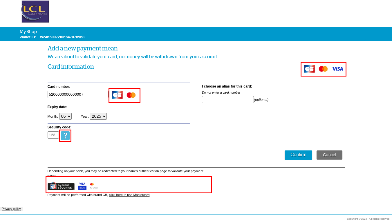 Capture of the card data entry page showing the unmodified images 