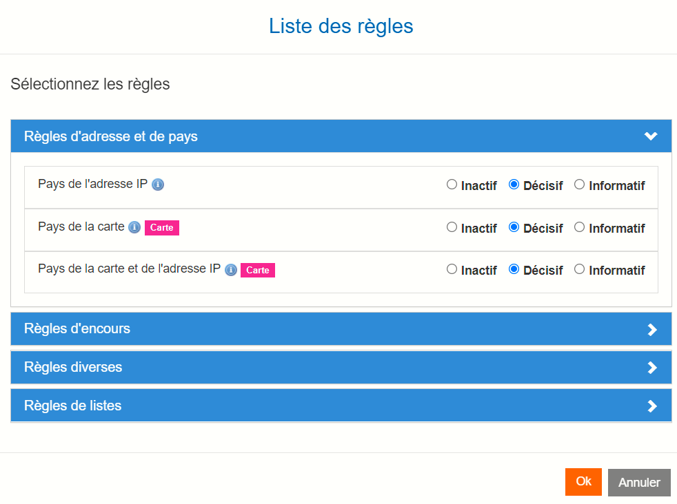 image de la popup pour activer les règles en mode décisif ou informatif ou de les désactiver