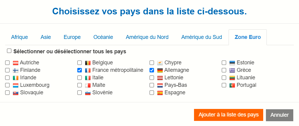 image de la popup permettant de sélectionner un ou plusieurs pays dans une liste