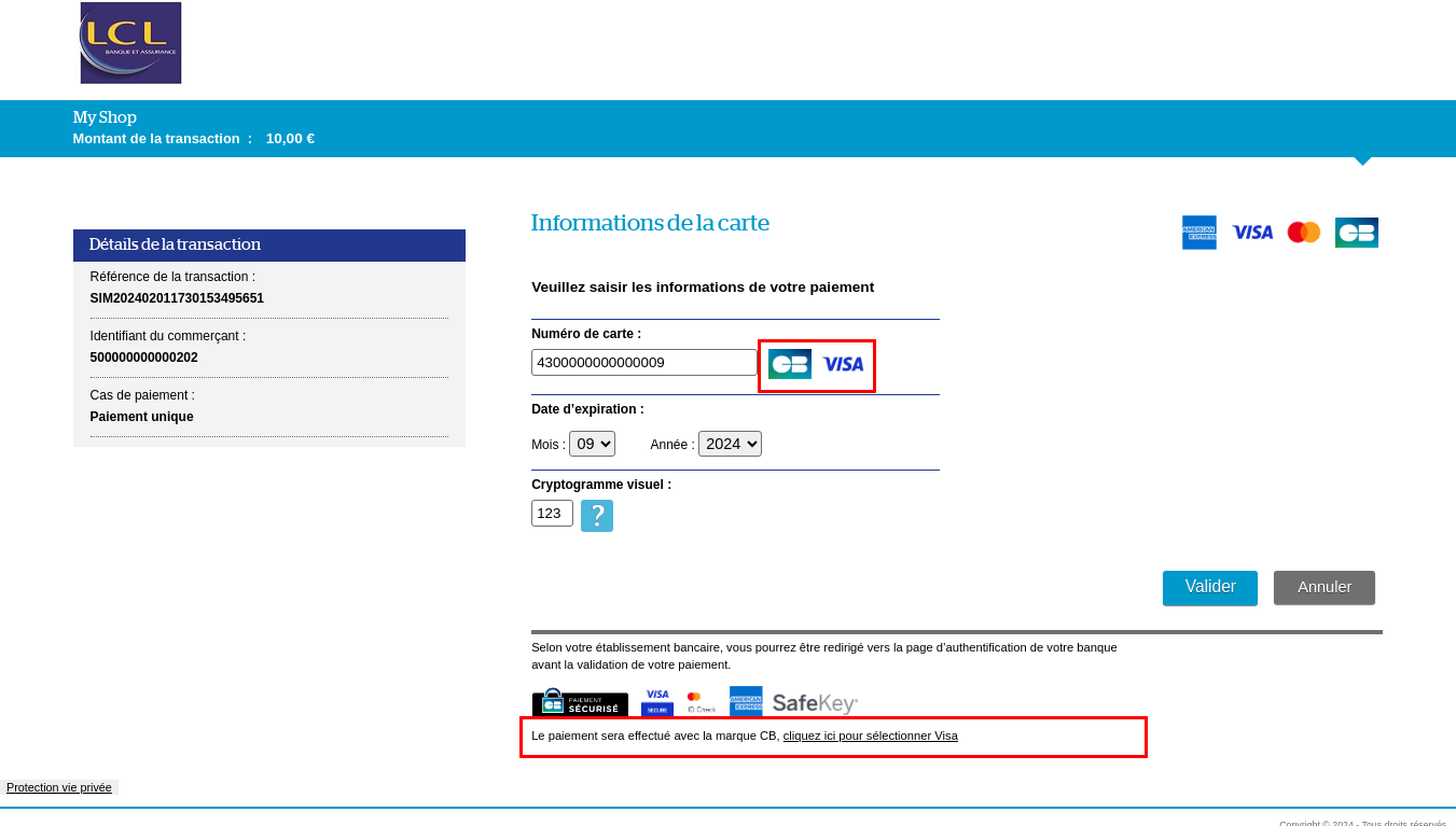 Page de paiement avec mise en exergue des réseaux détectés et lien de changement de réseau