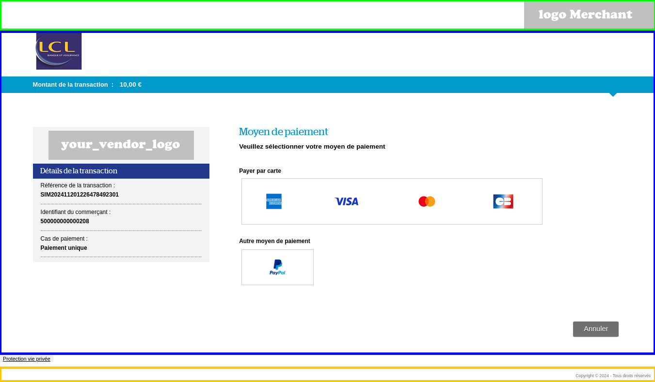 Capture de la page de paiement avec les emplacements de chaque logo 