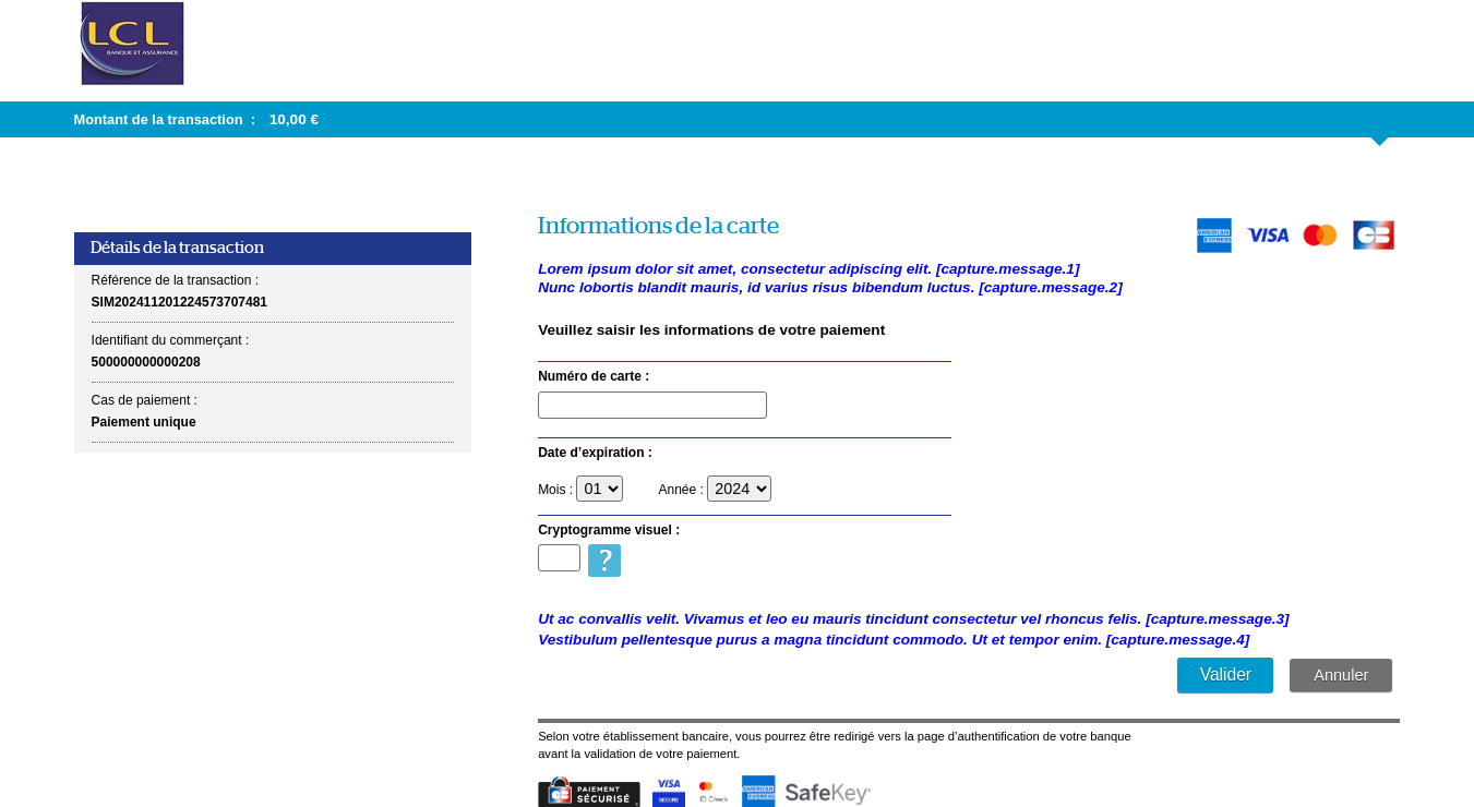 Page de saisie des données cartes indiquant l'emplacement des messages personnalisables 