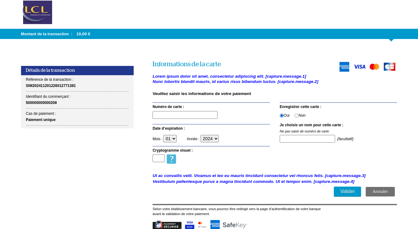 Page de saisie des infos carte avec sauvegarde avec l'emplacement des messages personnalisables 