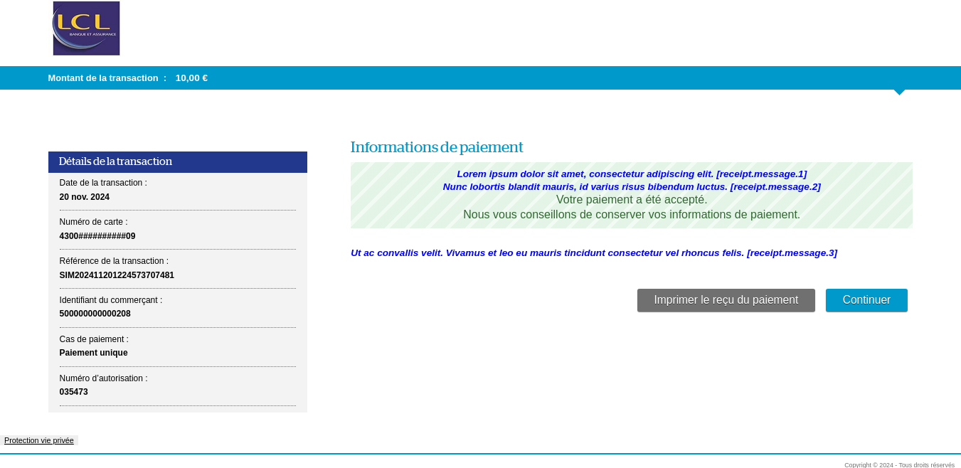 Page de confirmation du paiement avec l'emplacement des messages personnalisables 