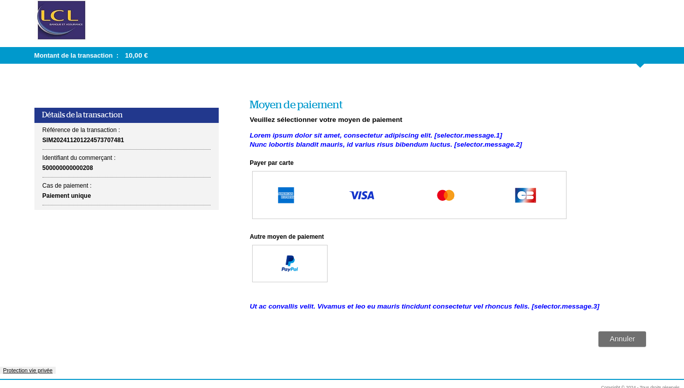 Page de choix du moyen de paiement indiquant l'emplacement des messages personnalisables 