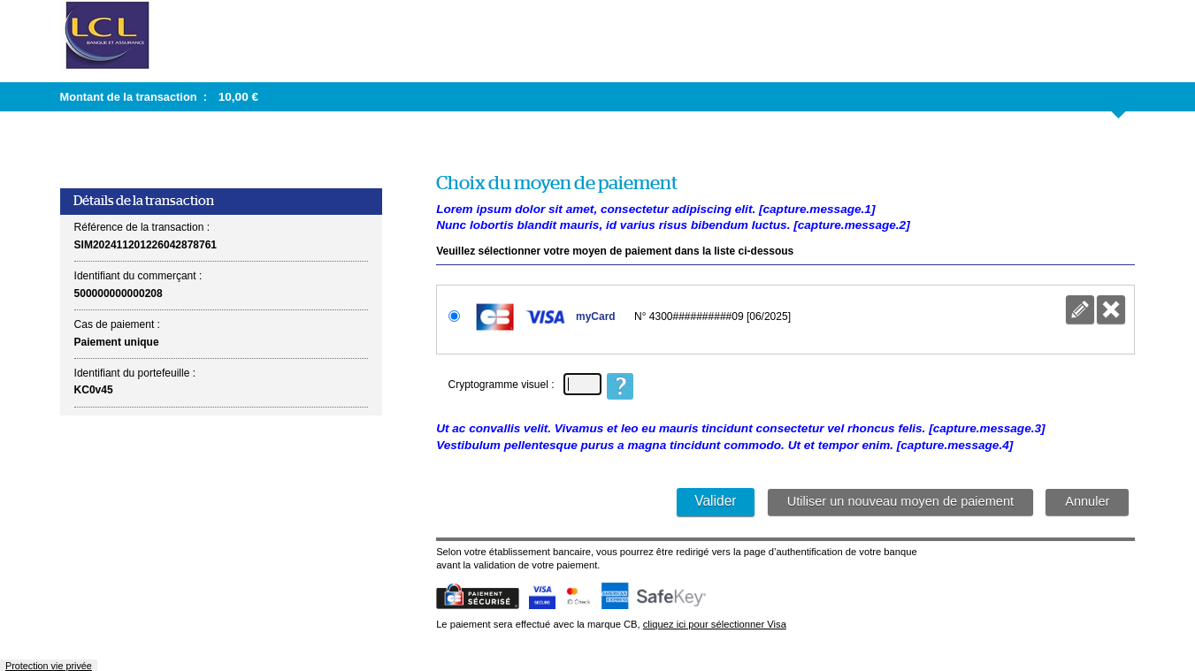 Page de paiement OneClick avec l'emplacement des messages personnalisables 